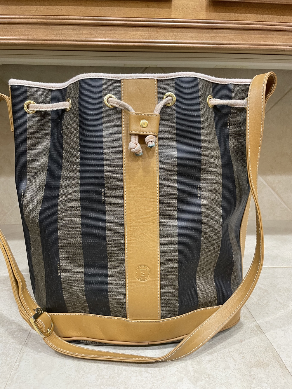 Fendi Pequin Stripe Drawstring Bucket Bag Crossbody Vintage Italy